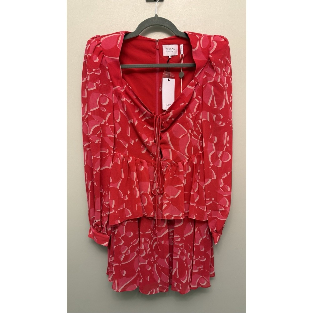 ONE33 Social Georgette Mini Dress Size 2 Pink Red Lace Up Front Ruffled NWT - Picture 4 of 16